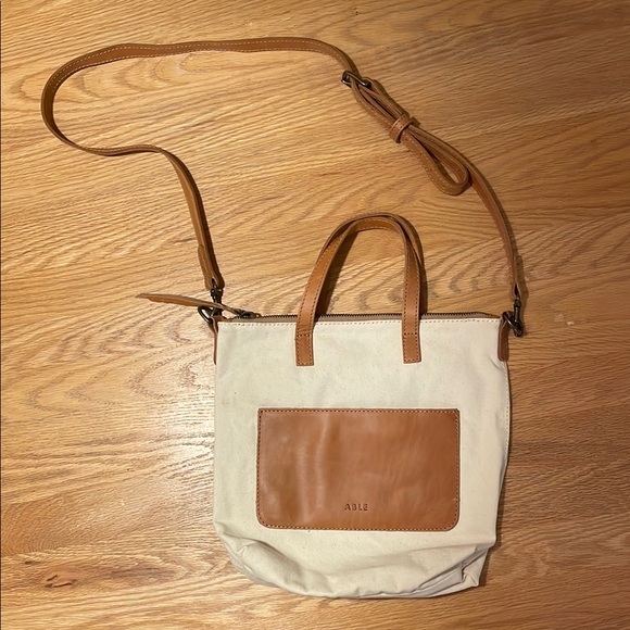 Able Handbags - NWOT Able Tan Leather and White Canvas Crossbody Tote Bag